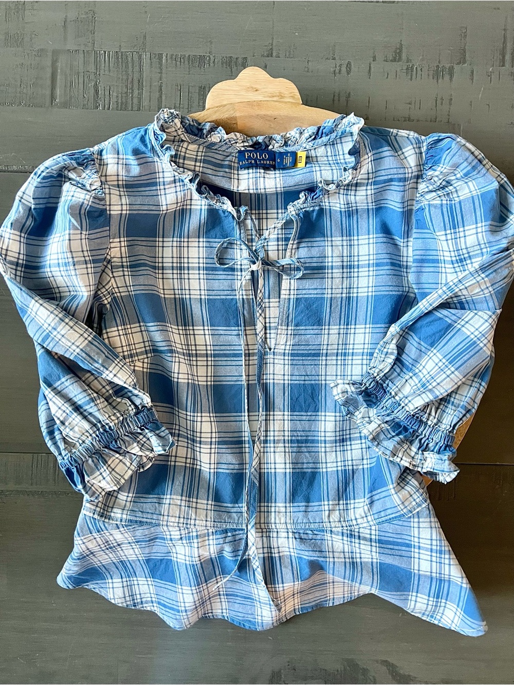 Polo Ralph Lauren Cassie Blue & White Ruffled Neck Blouse Peplum Women’s SZ 6